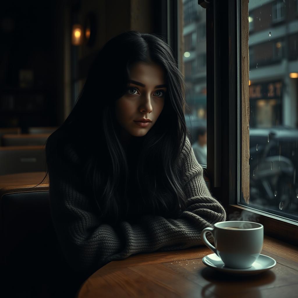 A moody, introspective young woman sitting alone in a dimly lit café