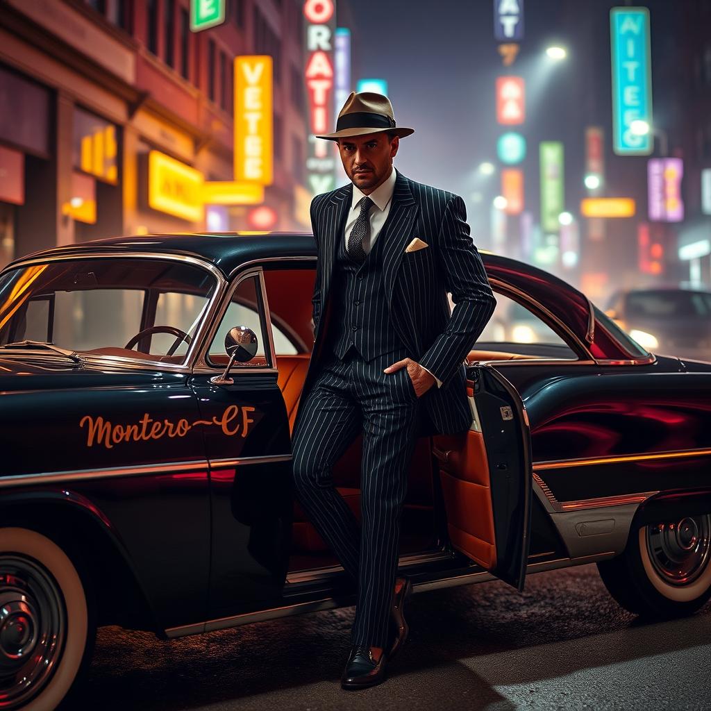 A classy gangster man stepping out of a vintage black car, adorned in a classic pinstripe suit, with a matching fedora tilted stylishly on his head