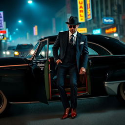 A classy gangster man stepping out of a vintage black car, adorned in a classic pinstripe suit, with a matching fedora tilted stylishly on his head