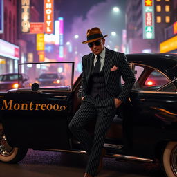 A classy gangster man stepping out of a vintage black car, adorned in a classic pinstripe suit, with a matching fedora tilted stylishly on his head
