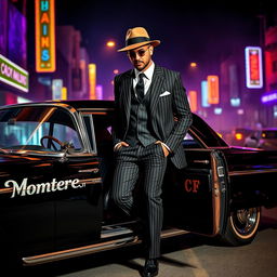 A classy gangster man stepping out of a vintage black car, adorned in a classic pinstripe suit, with a matching fedora tilted stylishly on his head