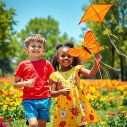 A charming young white boy and a beautiful young black girl, both smiling and playing in a vibrant park filled with colorful flowers