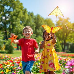 A charming young white boy and a beautiful young black girl, both smiling and playing in a vibrant park filled with colorful flowers