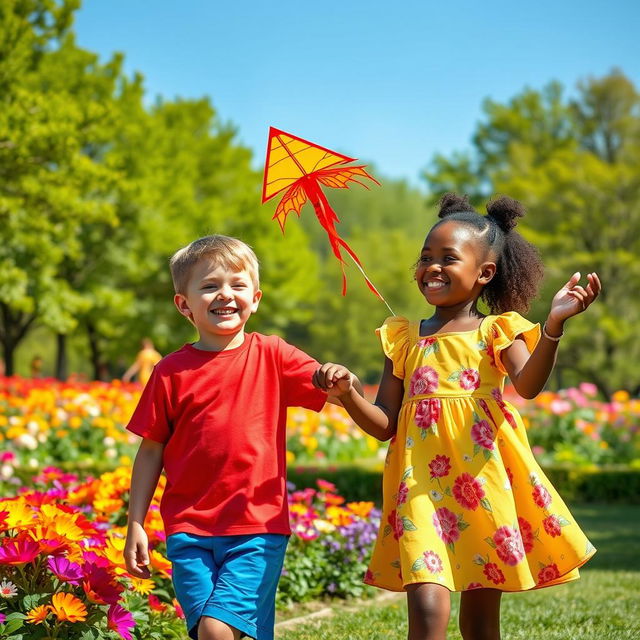 A charming young white boy and a beautiful young black girl, both smiling and playing in a vibrant park filled with colorful flowers