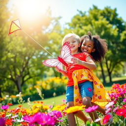 A charming young white boy and a beautiful young black girl, both smiling and playing in a vibrant park filled with colorful flowers