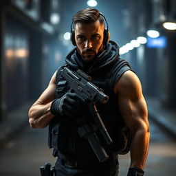 A covert operative standing confidently in a stealthy pose, gripping a sleek, modern firearm with precision