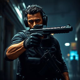 A covert operative standing confidently in a stealthy pose, gripping a sleek, modern firearm with precision