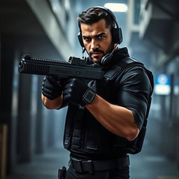 A covert operative standing confidently in a stealthy pose, gripping a sleek, modern firearm with precision