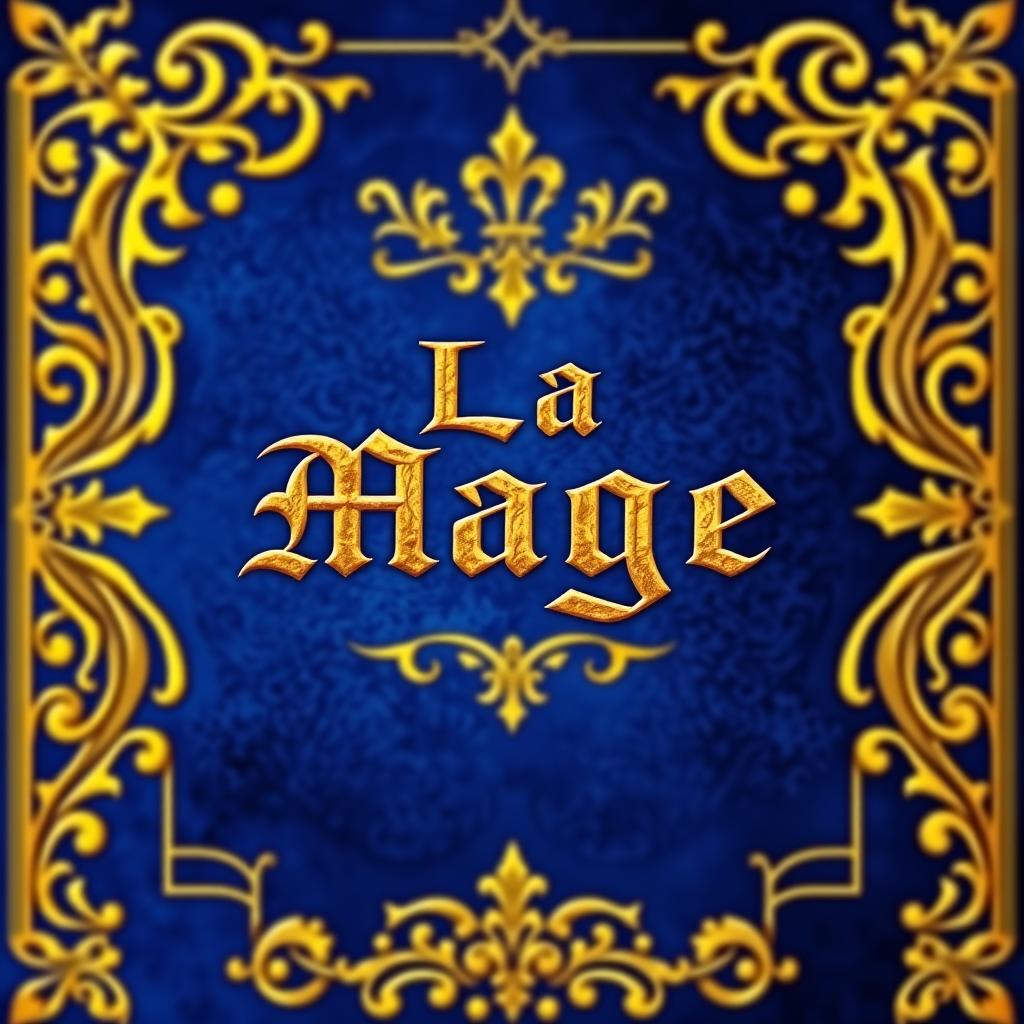 A book cover design featuring a rich blue background with ornate golden borders