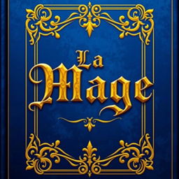 A book cover design featuring a rich blue background with ornate golden borders