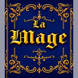 A book cover design featuring a rich blue background with ornate golden borders