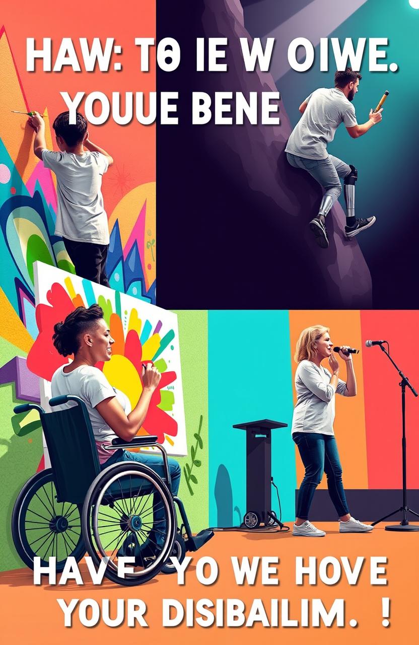 A motivational scene depicting a diverse group of individuals with disabilities pursuing their dreams