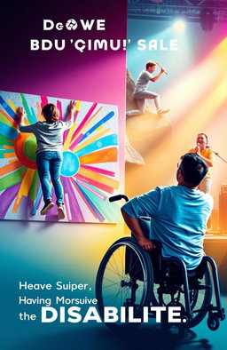A motivational scene depicting a diverse group of individuals with disabilities pursuing their dreams