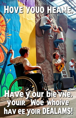 A motivational scene depicting a diverse group of individuals with disabilities pursuing their dreams