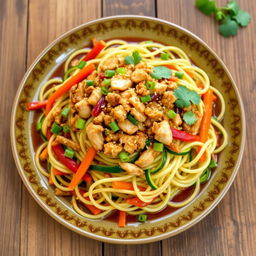 A delicious plate of Mei Goreng zoodles topped with flavorful minced chicken