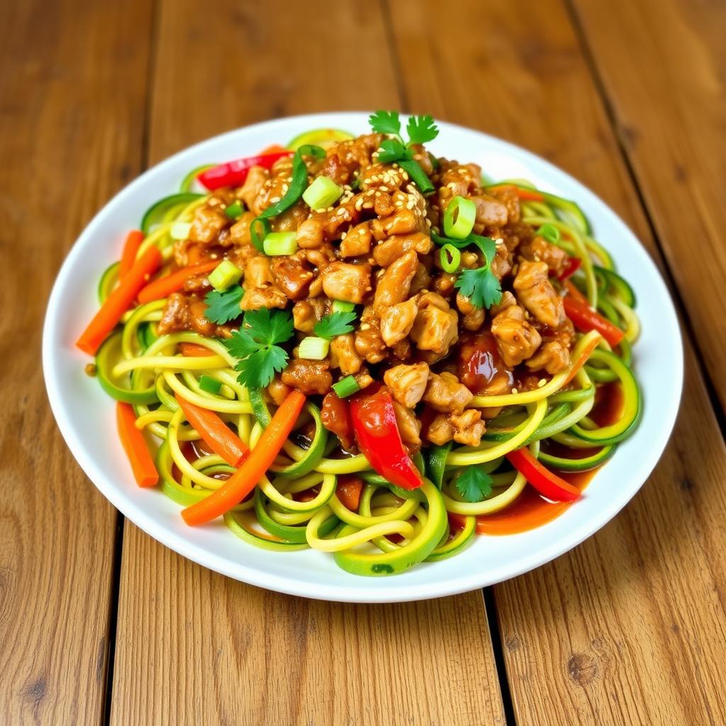 A delicious plate of Mei Goreng zoodles topped with flavorful minced chicken