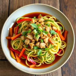 A delicious plate of Mei Goreng zoodles topped with flavorful minced chicken