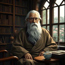 A wise old man with a long, white beard and deep-set blue eyes, sitting in a cozy, dimly lit study filled with bookshelves