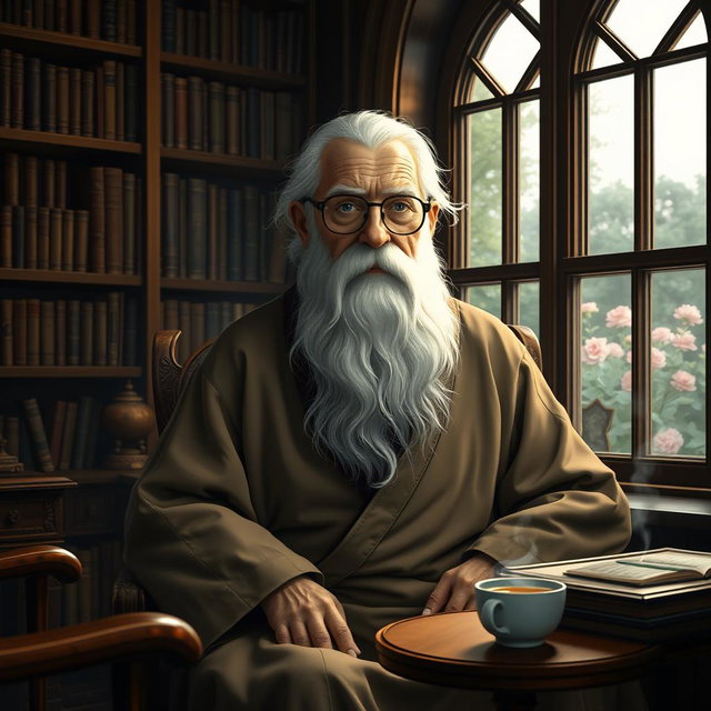 A wise old man with a long, white beard and deep-set blue eyes, sitting in a cozy, dimly lit study filled with bookshelves