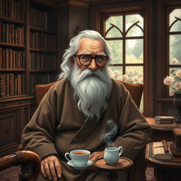 A wise old man with a long, white beard and deep-set blue eyes, sitting in a cozy, dimly lit study filled with bookshelves