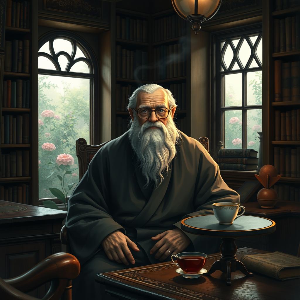 A wise old man with a long, white beard and deep-set blue eyes, sitting in a cozy, dimly lit study filled with bookshelves