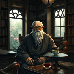 A wise old man with a long, white beard and deep-set blue eyes, sitting in a cozy, dimly lit study filled with bookshelves