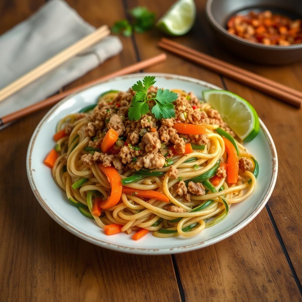 A delicious plate of Mee Goreng Zoodles featuring stir-fried zucchini noodles topped with perfectly cooked ground chicken