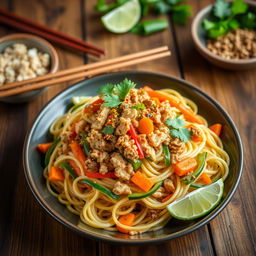 A delicious plate of Mee Goreng Zoodles featuring stir-fried zucchini noodles topped with perfectly cooked ground chicken