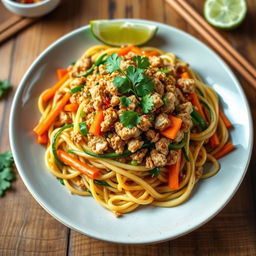 A delicious plate of Mee Goreng Zoodles featuring stir-fried zucchini noodles topped with perfectly cooked ground chicken