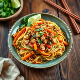 A delicious plate of Mee Goreng Zoodles featuring stir-fried zucchini noodles topped with perfectly cooked ground chicken
