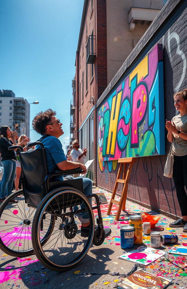 An inspiring scene capturing a person with a disability joyfully pursuing their dreams