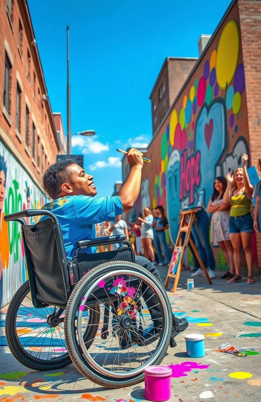 An inspiring scene capturing a person with a disability joyfully pursuing their dreams