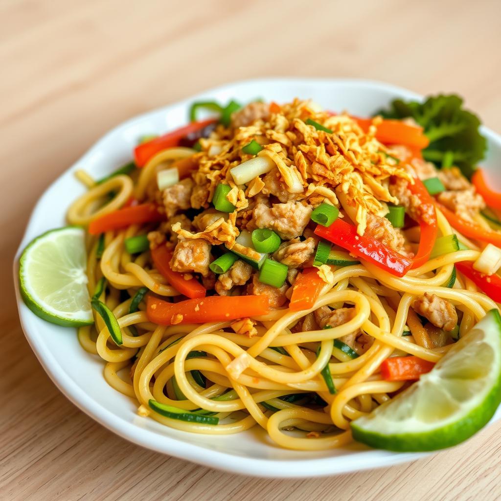 A beautifully arranged plate of Mei Goreng Zoodles with minced chicken