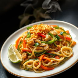 A beautifully arranged plate of Mei Goreng Zoodles with minced chicken