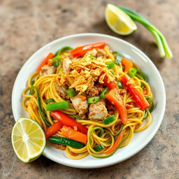 A beautifully arranged plate of Mei Goreng Zoodles with minced chicken