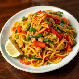 A beautifully arranged plate of Mei Goreng Zoodles with minced chicken