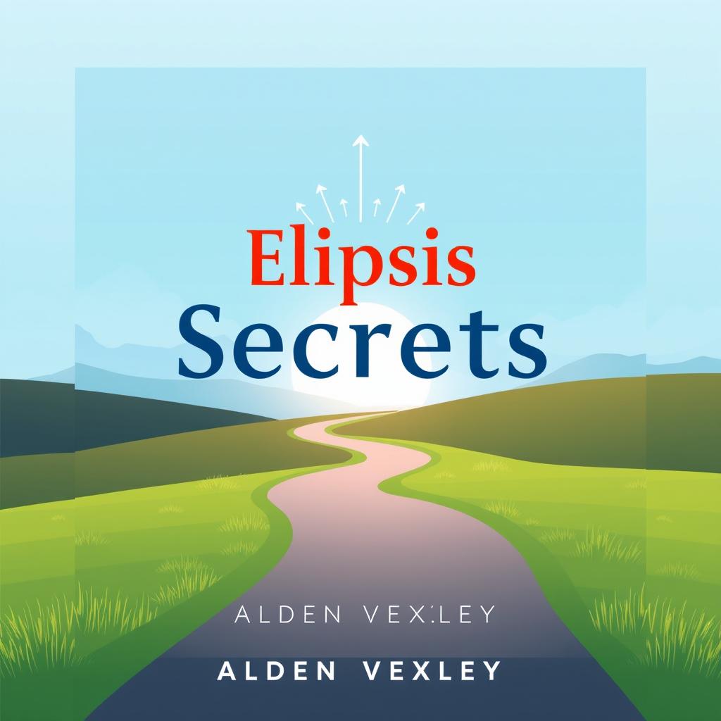 A flat book cover design titled 'Elipsis Secrets' by Alden Vexley, featuring a serene landscape background that depicts a winding path leading toward a bright horizon, symbolizing transformation