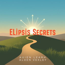 A flat book cover design titled 'Elipsis Secrets' by Alden Vexley, featuring a serene landscape background that depicts a winding path leading toward a bright horizon, symbolizing transformation