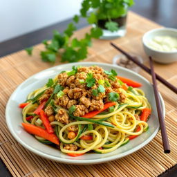 A delicious plate of Mei Goreng Zoodles featuring stir-fried zucchini noodles (zoodles) topped with seasoned ground chicken