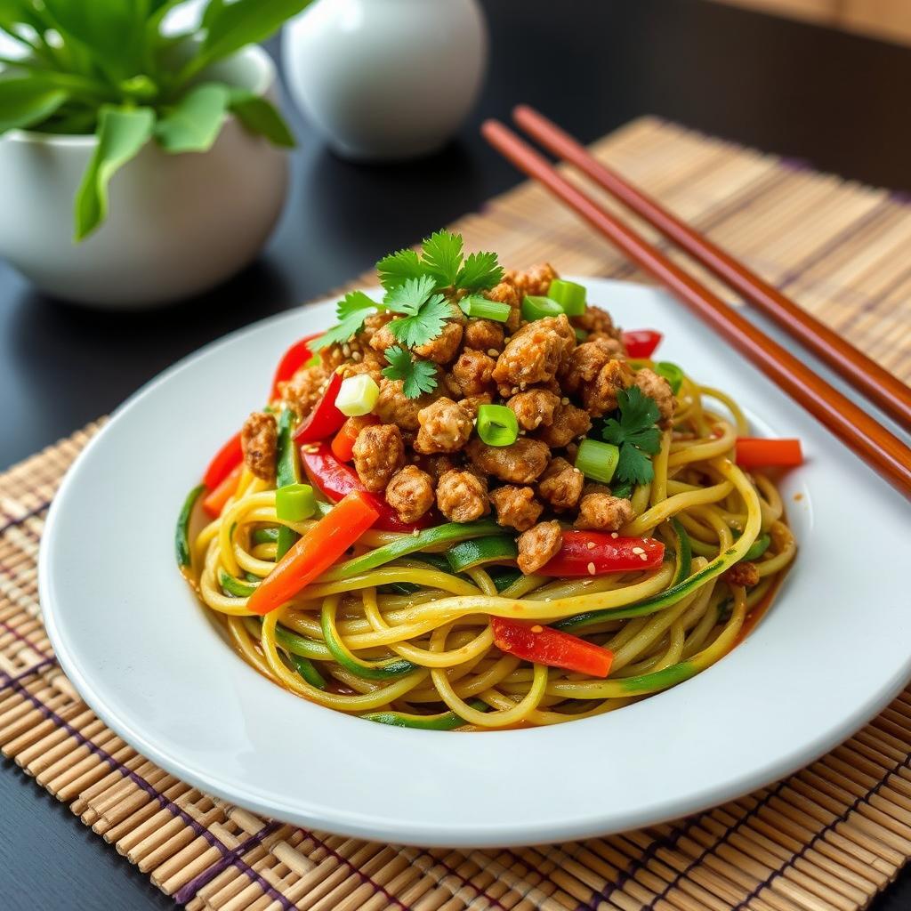 A delicious plate of Mei Goreng Zoodles featuring stir-fried zucchini noodles (zoodles) topped with seasoned ground chicken