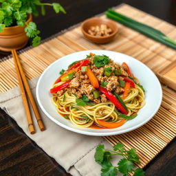 A delicious plate of Mei Goreng Zoodles featuring stir-fried zucchini noodles (zoodles) topped with seasoned ground chicken