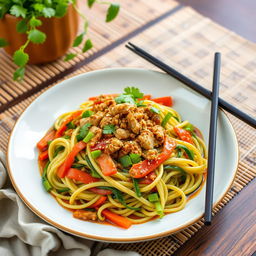 A delicious plate of Mei Goreng Zoodles featuring stir-fried zucchini noodles (zoodles) topped with seasoned ground chicken
