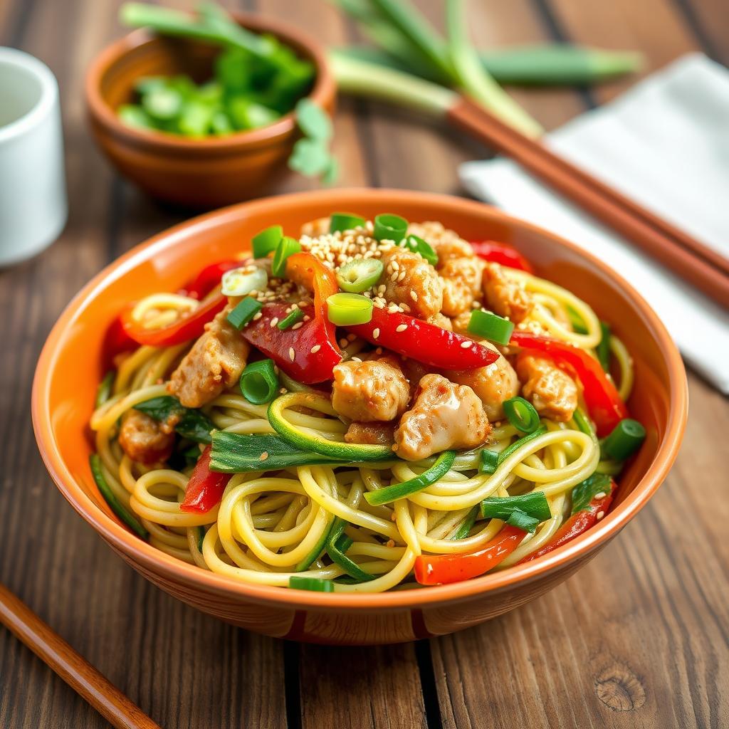A delicious plate of Mei Goreng Zoodles, featuring spiralized zucchini noodles stir-fried with minced chicken, colorful bell peppers, and aromatic green onions