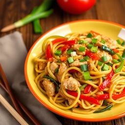 A delicious plate of Mei Goreng Zoodles, featuring spiralized zucchini noodles stir-fried with minced chicken, colorful bell peppers, and aromatic green onions