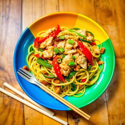 A delicious plate of Mei Goreng Zoodles, featuring spiralized zucchini noodles stir-fried with minced chicken, colorful bell peppers, and aromatic green onions