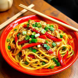 A delicious plate of Mei Goreng Zoodles, featuring spiralized zucchini noodles stir-fried with minced chicken, colorful bell peppers, and aromatic green onions