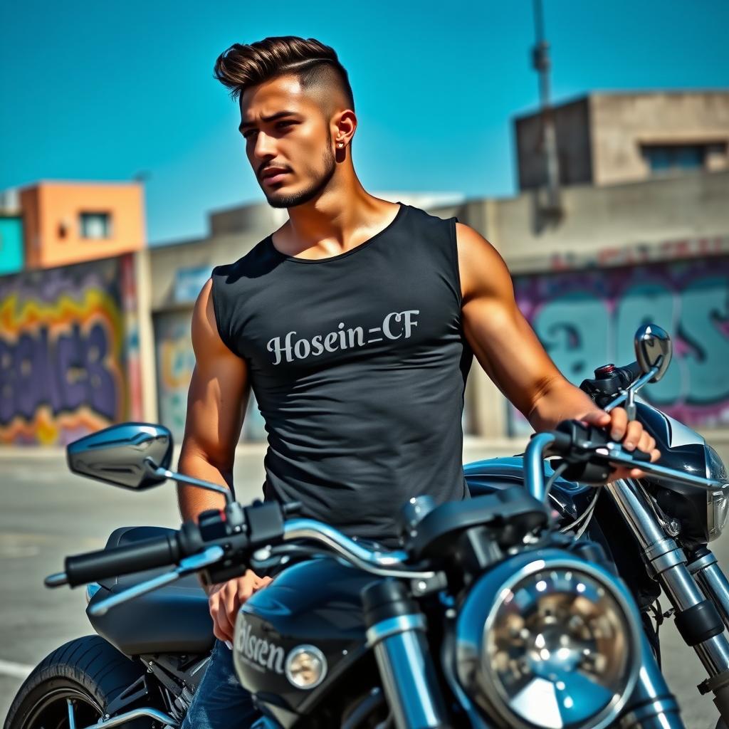 A man standing next to a motorcycle, showcasing a tattoo on his chest that reads 'Hosein _CF'