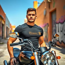 A man standing next to a motorcycle, showcasing a tattoo on his chest that reads 'Hosein _CF'