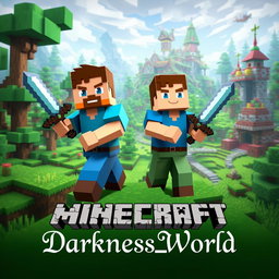 A vibrant Minecraft Survival world showcasing a lush landscape filled with blocky trees, grassy plains, and fantastical structures