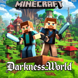 A vibrant Minecraft Survival world showcasing a lush landscape filled with blocky trees, grassy plains, and fantastical structures